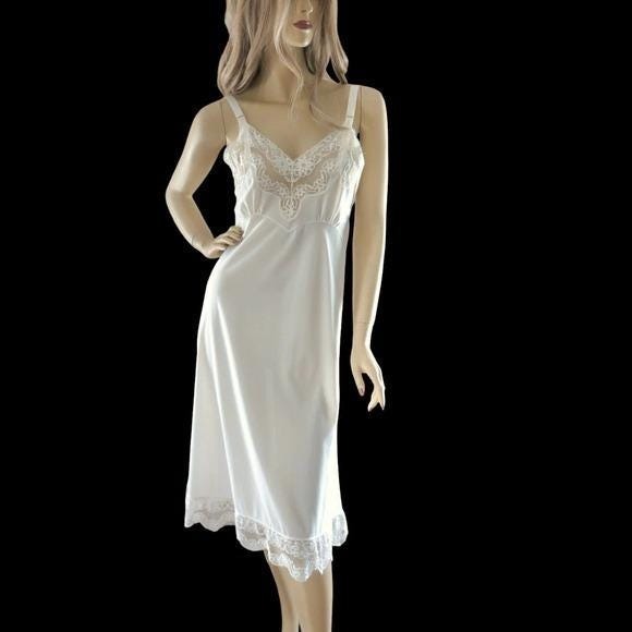 1950s Ivory Slip Dress Small | Lace Trim Nylon & Bias‎ Cut Rayon Bridal Boudoir - Picture 2 of 9